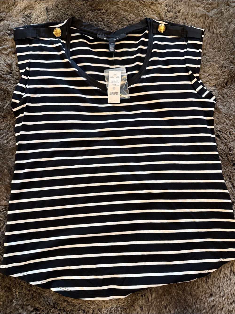 Striped Black & White Short Sleeve Tee with Gold Button Accents